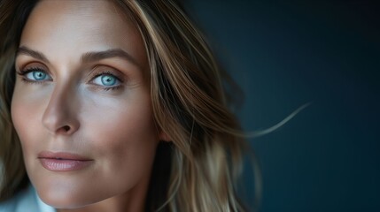 Naklejka premium A woman with blue eyes looking at the camera.