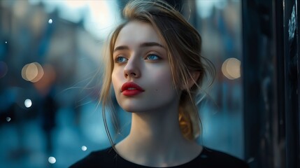 A young woman with red lips standing in front of a window.