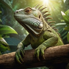 Fototapeta premium Vibrant green iguana in forest branches ,close up shot ,Ai Generated image