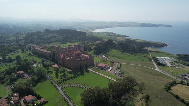 4K aerial drone of Comillas historic building in Cantabria, northern Spain. High quality 4k footage