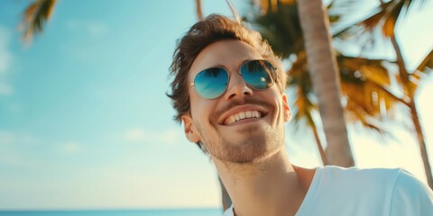 Smiling young man in sunglasses on seaside with palm tree in sunny day