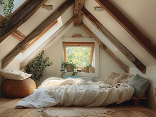 Tranquil Attic Bedroom with Exposed Beams, Skylight Windows, and Sony A7 IV | Serene Small Bed Nook in Rustic Attic Room