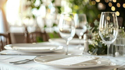 Fototapeta premium Stylish table arrangement with a blank menu or reservation card for wedding invitations and special events.