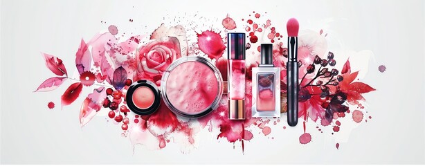 A splash of red and black makeup creates a dramatic background for luxury cosmetics.