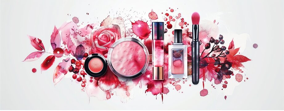 A splash of red and black makeup creates a dramatic background for luxury cosmetics.
