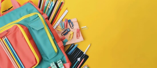 Fototapeta premium School-themed flat lay of stationery and toys on yellow, engaging design.