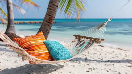 A colorful woven hammock on a pristine beach, swaying in the breeze.