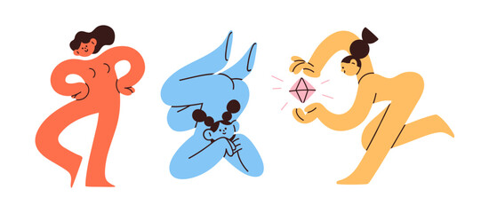 Funny doodle characters in modern trendy abstract style. Cute creative colorful girls set. Humor playful females. Comic whimsical weird freaky flat vector illustrations isolated on white background