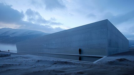 A man stands in front of a large concrete building