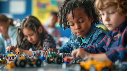 Diverse Group of Children Engaging in High Detail STEM Class for Educational Learning