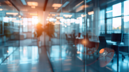 Obraz premium Sleek modern office with a blurred background and reflective glass windows, suitable for professional design projects