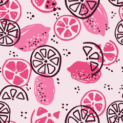 Colorful lemon seamless pattern. For printing on fabric, labels, T-shirt, paper. Fruit vector sketch background