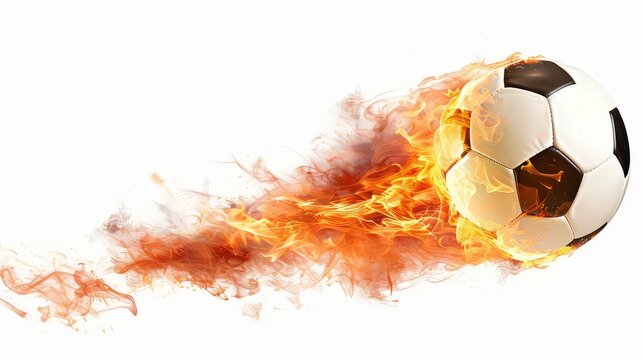 Soccer football ball flying through the air with flame or fire concept.