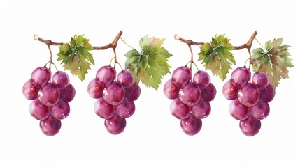 Fototapeta premium A vibrant set of watercolor grapes, showcasing lush clusters in a delicate, handdrawn style against a crisp white backdrop.