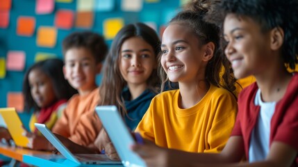 Smiling young students of different ethnic backgrounds immersed in educational activities on their laptops , illustrating the joy of learning in a modern and inclusive classroom setting