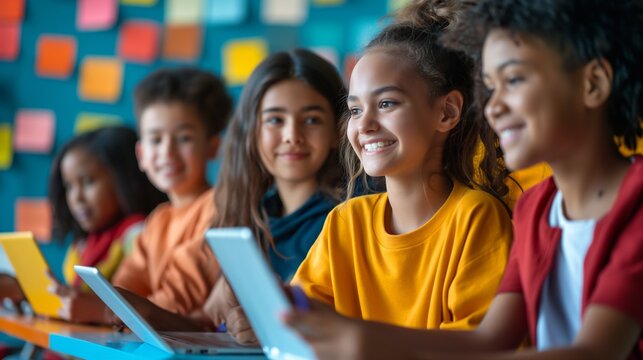 Smiling young students of different ethnic backgrounds immersed in educational activities on their laptops , illustrating the joy of learning in a modern and inclusive classroom setting