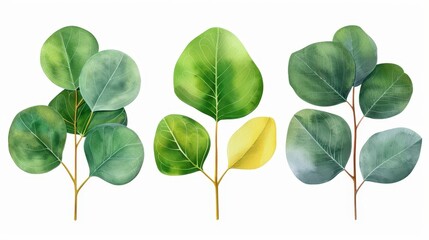 Obraz premium Vibrant green and yellow eucalyptus leaves in a detailed watercolor style, set against a clean white background. A touch of nature