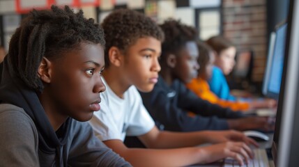 A diverse team of high school students concentrates on coding project, the integration of technology in education, the benefits of collaborative learning in developing critical skills for the future