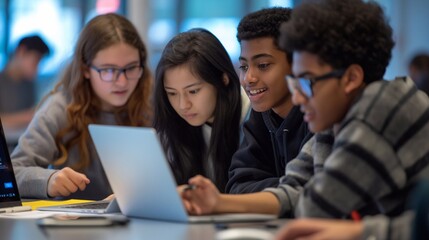 Teenagers work together on a computer science assignment in a classroom, highlighting the importance of teamwork and technology in modern education as they share ideas and troubleshoot code