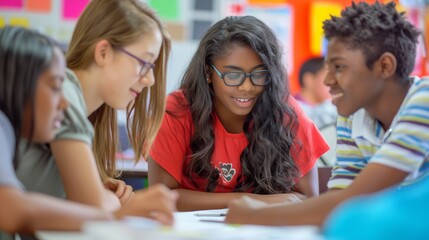 A diverse group of teenage students engaged in a collaborative project, their animated discussion and teamwork reflecting the dynamic and inclusive nature of modern education