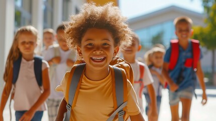 The excitement of a new school year is beautifully depicted as children, full of energy and smiles, race outside a school , ready to embark on their educational journey together