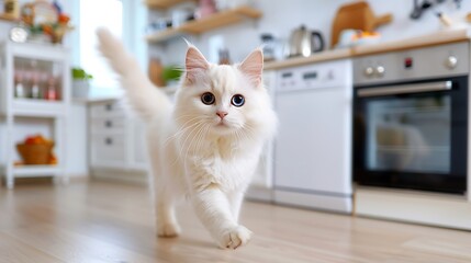 Graceful Ragdoll Cat Walking on a Wooden Floor in a Cozy Kitchen