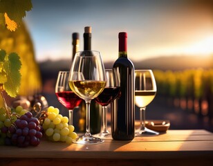 A table with a bottle of wine, a glass, and a wooden barrel with grapes and cheese