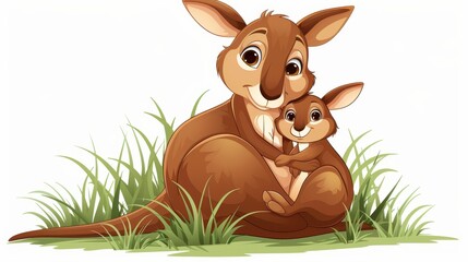 Fototapeta premium A cute kangaroo mom carries her baby in a cozy pouch, brought to life with vibrant colors and simple gradients. Perfect for kids