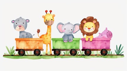 A whimsical cartoon train carries a giraffe, elephant, lion, and hippopotamus in a charming watercolor scene. Perfect for kids art