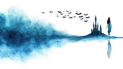 Fototapeta premium Two ghoulish friends rise from a haunted castle, framed by bats and cobwebs, all in a vibrant watercolor style.