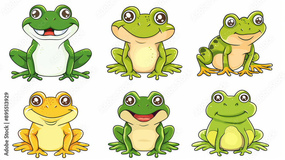 Poster A delightful set of cheerful frog characters, each with a happy face, perfect for charming designs on a clean background.