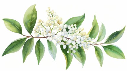Beautiful elderberry flowers stand out against a white backdrop, showcasing delicate petals and intricate details in watercolor.
