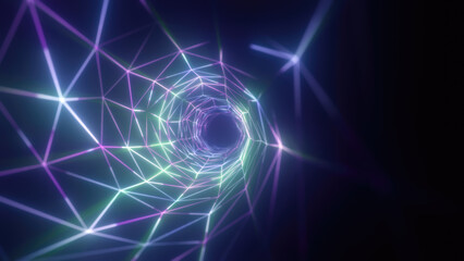 Abstract bright purple glowing background with a tunnel of lines and stripes of energy of burning rays of plasma and electricity with light