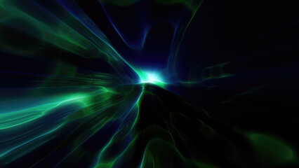 Fototapeta premium Abstract green bright glowing background with iridescent waves of energy and plasma rays with light