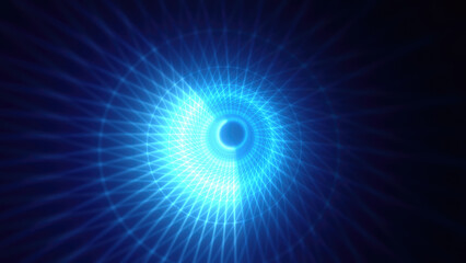 Abstract bright blue glowing background with a tunnel of lines and stripes of energy of burning rays of plasma and electricity with light