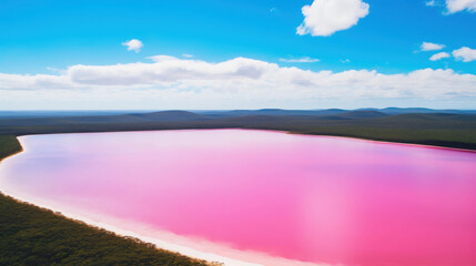 Obraz premium Vivid Pink Lake Contrasting with Lush Green Forest and Azure Blue Waters Under a Clear Sky