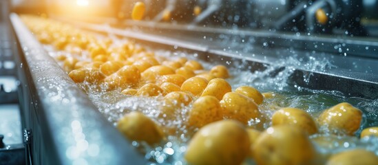 Potatoes being washed on conveyor belt in food processing plant. Concept of food production, agriculture, industry, and manufacturing