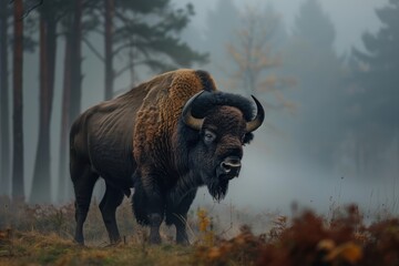 A majestic image of a European bison standing tall in a misty forest at dawn.