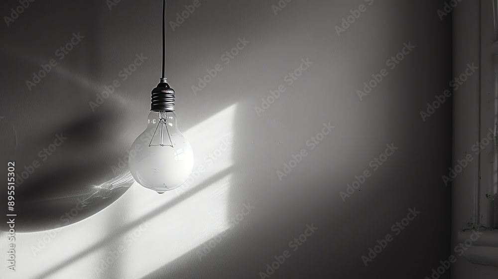 Poster lightbulb hanging in a room with window light.