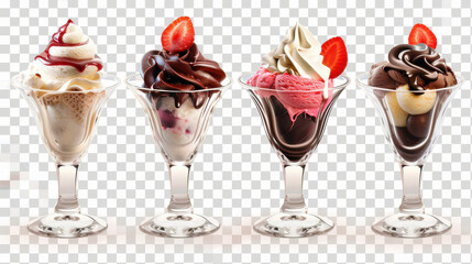 Variety of ice cream sundaes in elegant glass tulip cups, featuring chocolate, strawberry, and vanilla flavors on a transparent cutout background, perfect for mockups, PNG file