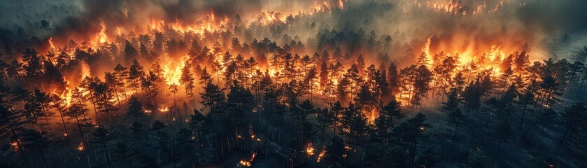 Fototapeta premium Wildfires spreading rapidly in a forest flat design top view, climate crisis theme, 3D render, Complementary Color Scheme