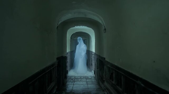 Scary Ghost Woman Down the Hallway of Old Abandoned Haunted House, POV Horror