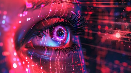 close-up of a human eye, with vibrant and dynamic digital effects overlaying it