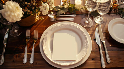 Stylish table setting with a blank menu card, perfect for wedding and event invitations