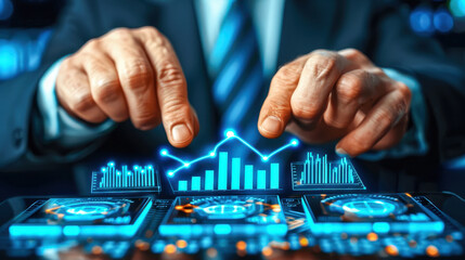 Businessman's hands interacting with futuristic digital financial charts and data on a virtual screen in a high-tech environment.