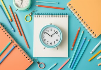 High-resolution image capturing a back-to-school setup with school supplies, a white notebook, and ample copy space on a pastel base.