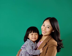 Fashion smiling mother holding her kid on solid color background, love concept