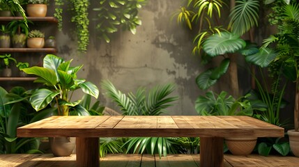 Wooden Table Against a Tropical Wall