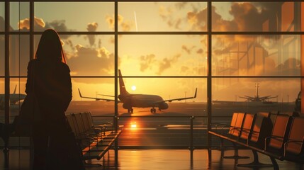 Traveling by plane, woman passanger waiting in airport, sihlouette