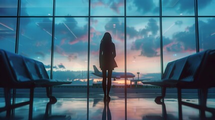 Traveling by plane, woman passanger waiting in airport, sihlouette